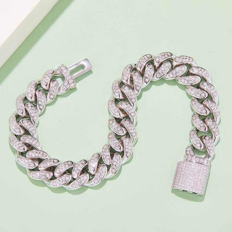 12mm宽Cuban ChainS925银镶Moissanite厘石圆形白色DVVS